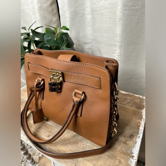 Authentic Michael Kors Hamilton Saffiano Tan Leather Sachel with lock and key